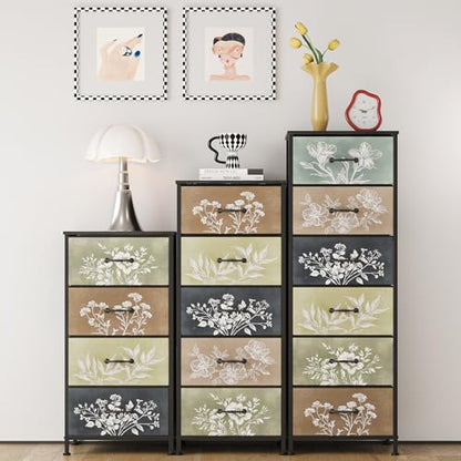 Vintage Dresser Vertical Nightstand with Neutral Botanical Plant Fabric Chest Drawers for Closet Bathroom Storage Tower Unit Bed Side Organizer Farmhouse Rustic (Multi, 6 Drawers)