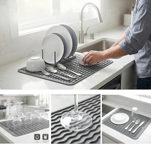 MicoYang Silicone Dish Drying Mat, Grey, 16"×12" | Quick-Dry Ridges, Heat-Resistant Trivet to 450°F, Non-Slip & Dishwasher Safe, Roll-Up Storage, 18 Colors & 9 Sizes Available