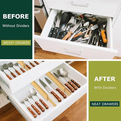 Kitchen Drawer Dividers 6 Pack Bamboo Drawer Organizers | 17-22" Adjustable, Spring Loaded, Expandable Utensil Organizer, Works in Kitchen, Dresser, Closet, Bathroom, Bedroom