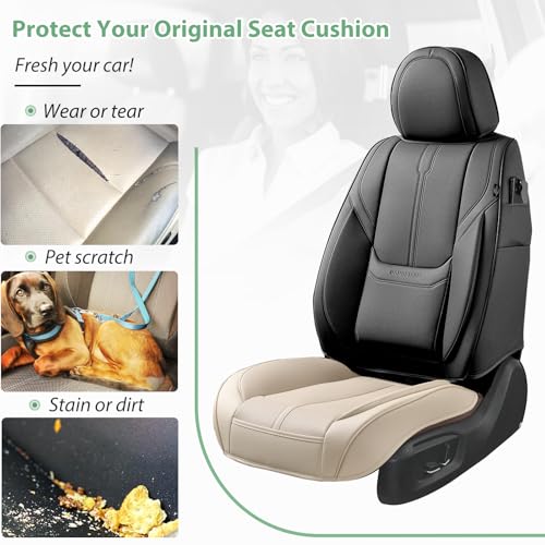 2 Pack Leather Front Car Seat Cover Bottom Only, Anti-slip Padded Seat Cushion, Full Wrap Seat Protector with Storage Function Universal Fit for Most Cars, SUV, Pick-up Trucks (Light Beige)