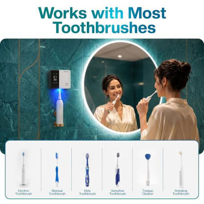 Jetfresh UV Toothbrush Sanitizer Holder & Cleaner with LED Clock Display & Hot Air Drying – Wall-Mounted UV Tooth Brush Holder for Bathroom, Travel, Rechargeable Portable Design, Fits All Brushes