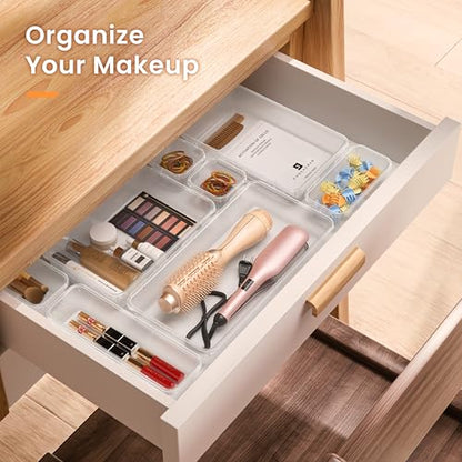 【Military Grade】 Drawer Organizer,【𝟱𝗦𝗶𝘇𝗲】 Makeup organizer,【Holds 177 Items】 Bathroom Organizers and Storage,Organization and Storage,Desk Drawer Organizer for Vanity【Clear】