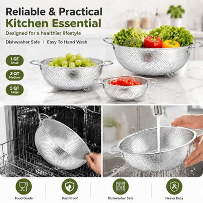 TeamFar Colander Set of 3, Stainless Steel Perforated Colander Strainer | Metal Food Strainer for Draining/Washing/Rinsing Pasta Vegetables Fruits, Healthy, Sturdy & Dishwasher Safe - 1/3/5 Quart