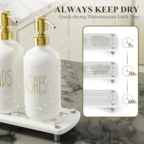 Kitchen Soap Dispenser Set Comes with Ceramics Sponge Holder, Gold Pumps, and Instant Dry Tray, Hand and Dish Soap Dispenser Set, Kitchen Decor and Accessories for Countertop Organizer