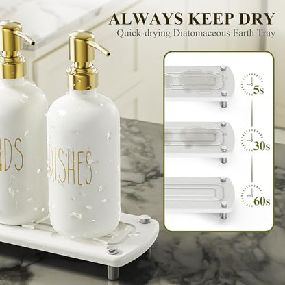 Kitchen Soap Dispenser Set Comes with Ceramics Sponge Holder, Gold Pumps, and Instant Dry Tray, Hand and Dish Soap Dispenser Set, Kitchen Decor and Accessories for Countertop Organizer
