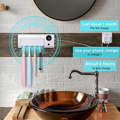 UV Toothbrush Holder for Bathroom, Toothbrush Cleaner Wall Mounted Cordless | Rechargeable, Timer Function & LCD Working Display, Easy Installation with Adhesive Stickers, Holds 4 Toothbrushes