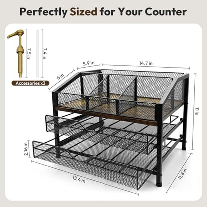 Coffee Bar Organizer with 3 Syrup Pumps, 3-Tier Coffee Station Organizer for Countertop, Rustic Wood & Metal Holder for K Cup, Storage for Coffee Pods, Syrup Bottles, Tea Bags, Cups & Stirrer