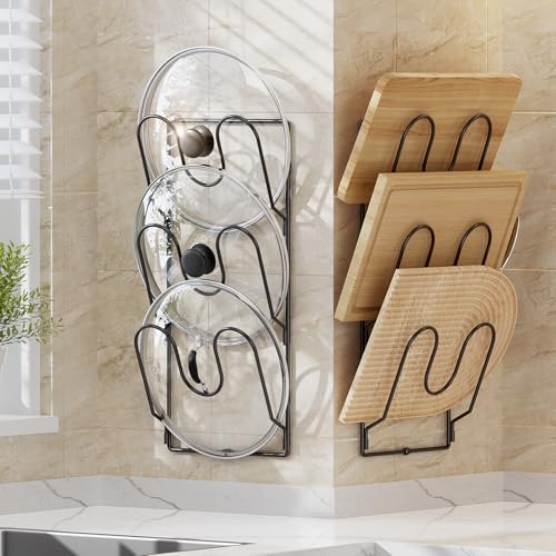 Pot Lid Organizer Rack for Cabinet Door, 2 Pack Pot Lid Holder Black | 6-Tier Lid Racks for Cabinet Door/Wall, No Drilling Adhesive Mount, Rustproof, Fits Pot Pan Lid, Cutting Board & Cookie Sheet