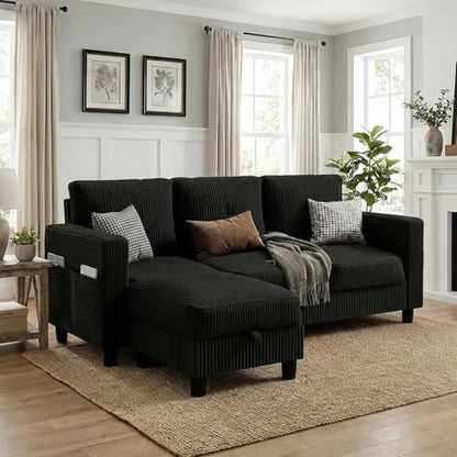 77" L-Shaped Corduroy Sectional Sofa with Storage Ottoman, Black