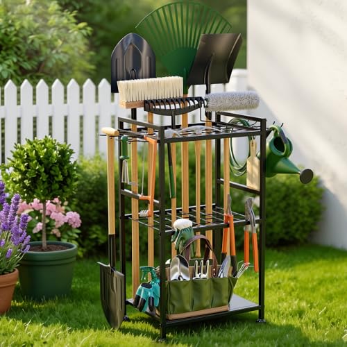 SPACECARE Garden Tool Organizer with Feet Up to 35 Long-Handled Tools Black | Yard Tower Rack for Garage Organization and Storage, Heavy Duty Steel Garden Tool Stand for Shed, Outdoor (Rakes/Brooms)
