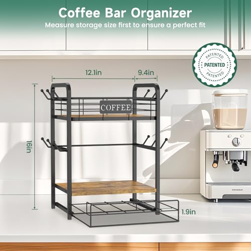 Coffee Bar Organizer Station Shelf Mug Holder, with 12 Hooks | 3 Tier Coffee Cup Stand Rack for Countertop, K Cup Pod Organizer Drawer for Home Office, Keeps Essentials Tidy & Accessible