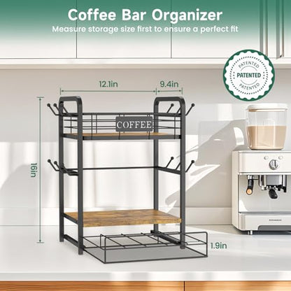 Coffee Bar Organizer Station Shelf Mug Holder, with 12 Hooks | 3 Tier Coffee Cup Stand Rack for Countertop, K Cup Pod Organizer Drawer for Home Office, Keeps Essentials Tidy & Accessible