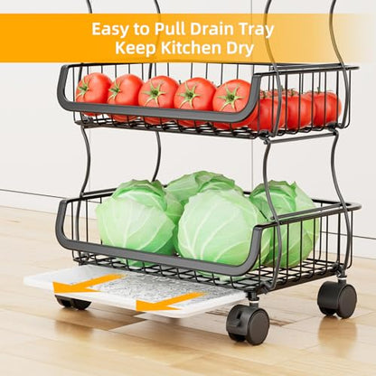 Simple Trending Stackable Cart, Fruit Vegetable Basket with Wheels, 4 Tier | Rolling Cart with 2 Hanging Baskets, Kitchen Storage Metal Wire Basket Stand for Vegetable Snacks, Black