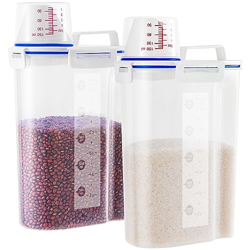 2 Pcs 5.5Lbs Rice Dispenser Storage Containers, Rice Container with Measuring Cup & Pour Spout, Kitchen Plastic Airtight Container for Cereal, Grain, Flour, Sugar, Oatmeal, Dry Pet Dog Food