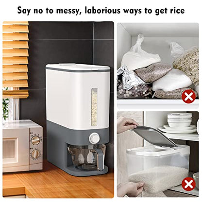 Rice Dispenser, 22-25 Lbs Rice Container with Measuring Cup, Upgraded Built-in Fresh Box, Cereal Dispenser Storage with Lids for Home Kitchen Pantry Rice Soybean Corn-Grey