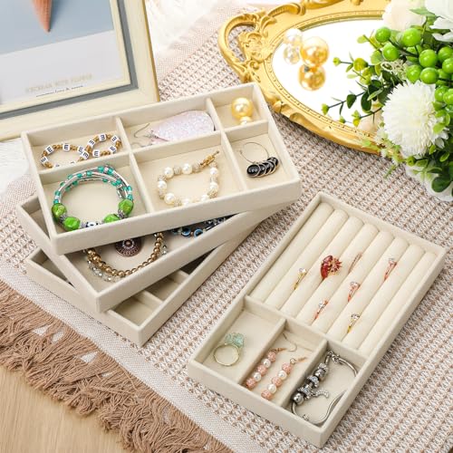 8 Pcs Small Velvet Jewelry Trays Stackable Drawers Organizer Inserts Divided Display Trays for Earring Ring Necklace, Beige