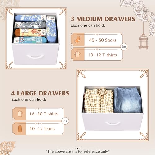 WLIVE Dresser for Bedroom, 7 Drawers, TV Stand, White | 7 roomy fabric drawers, Fits TVs up to 45 inch, Bedroom or living room, Wide storage design, Chest of drawers