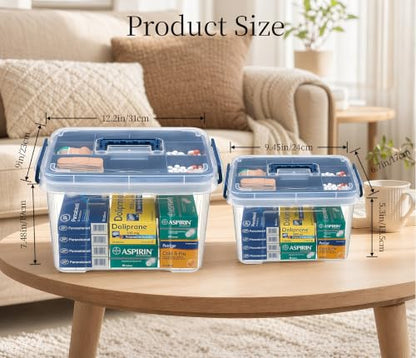 Pulseplay 2 Pack Clear Medicine Storage Box with Tray Portable Medicine Cabinet with Handle Multipurpose Plastic Storage Box First Aid Box Empty for Home and Travel