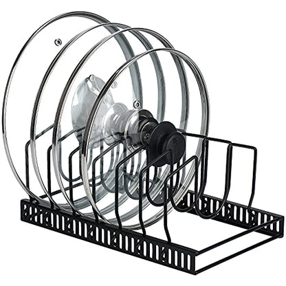 Toplife Pot Lids Organizer Rack for Cabinet and Countertop, 7+ Pan Lids and Bakeware Organizer Rack Holder with 7 Adjustable Compartments - Black