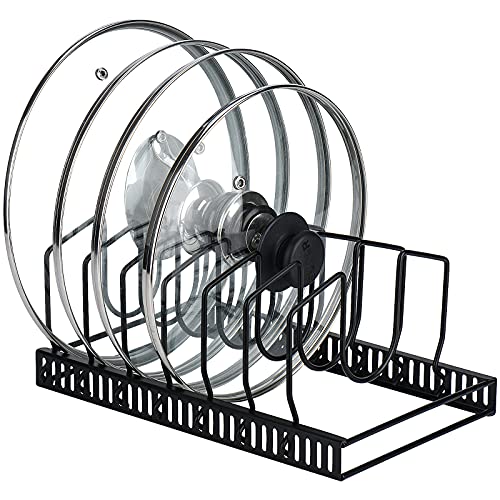 Toplife Pot Lids Organizer Rack for Cabinet and Countertop, 7+ Pan Lids and Bakeware Organizer Rack Holder with 7 Adjustable Compartments - Black