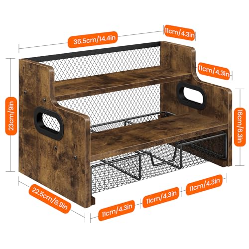 Coffee Syrup Rack Organizer, 3-Tier 8 Bottles Syrup Holder Stand with 35 K Cup Storage Basket Drawer for Coffee Bar, Wood Liquor Shelf Wine Rack Countertop for Home, Rustic Brown