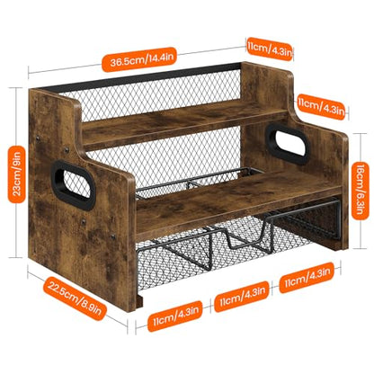 Coffee Syrup Rack Organizer, 3-Tier 8 Bottles Syrup Holder Stand with 35 K Cup Storage Basket Drawer for Coffee Bar, Wood Liquor Shelf Wine Rack Countertop for Home, Rustic Brown