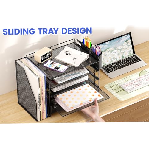 Desk Organizer, 5-Tier Desktop File Organizer with Drawer and Pen Holders, Office Desk Accessories, File Sorters, Workspace Organizers for Office Supplies(Black)