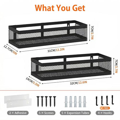 PUSDON Mesh Shower Caddy Wall Mount, Heavy Duty Adhesive Bathroom Shelf Organizer, Rustproof Floating Spice Rack for Kitchen Pantry, Holds 50 LBS, Multi-Purpose Storage Black-2 Packs (Netting)