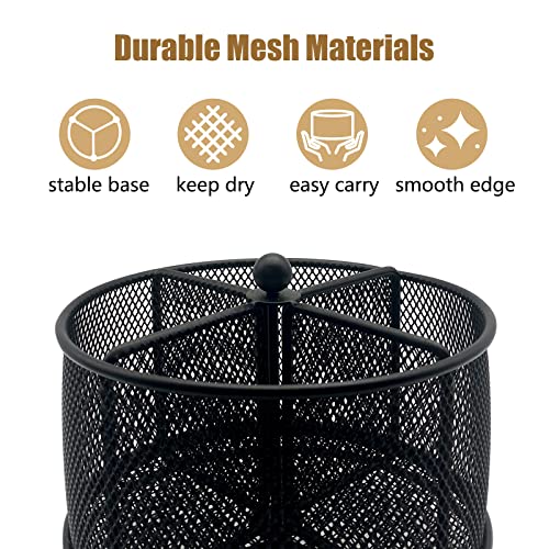 DysanVica 360° Rotating Metal Utensil Caddy - 4 Compartment Silverware Cutlery Holder Rotation Fork Spoon Napkin Organizer Flatware Storage Basket Party Countertop Buffet Picnic Camping Outdoor Black