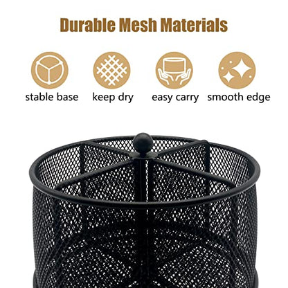 DysanVica 360° Rotating Metal Utensil Caddy - 4 Compartment Silverware Cutlery Holder Rotation Fork Spoon Napkin Organizer Flatware Storage Basket Party Countertop Buffet Picnic Camping Outdoor Black