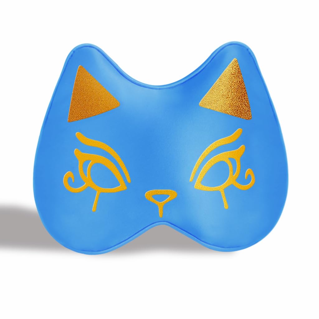 Cute Silk Sleep Mask Cat Eye mask for Sleeping Embroidered Adjustable Oversized Eye Cover Egyptian Bastet Blindfold with Gift Box（Nefertari Blue-Elastic Strap）