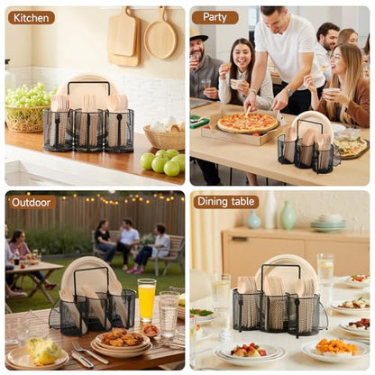 Utensil Caddy Silverware Holder for Party, Metal Mesh Cutlery Storage Organizer for Forks Spoons Napkins Plates, Perfect for Kitchen, Buffet, Picnic, Camping & Outdoor BBQ