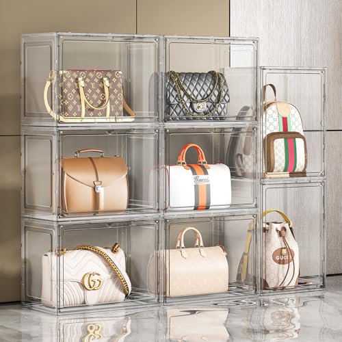 5 Pack Purse Organizer for Closet, Handbag Storage Organizer Stackable Display Case with Magnetic Door, Closet Storage Bins for Handbag, Purse, Backpack, Collectibles, White