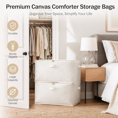 3 Pack Canvas Comforter Storage Bags for Clothes & King Comforters, Natural | 70L Capacity, Dual Zippers, Three Reinforced Handles, Foldable Canvas Design for Comforters, Blankets and Seasonal Clothing