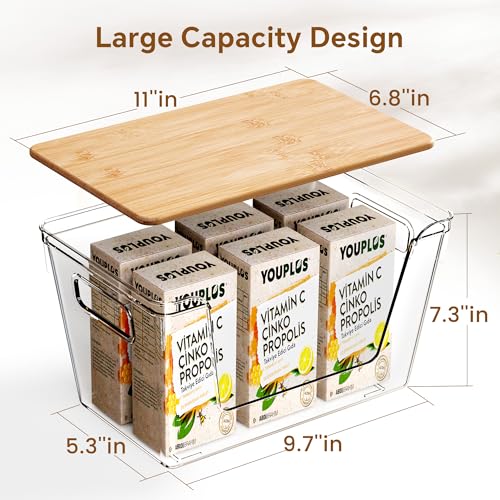 2 Set Pantry Organizers and Storage with Bamboo Lids, Stackable Clear Bins for Onion, Potato, Fruit, Vegetables, Trash Bag Dispenser, Kitchen and Under Sink Organizer