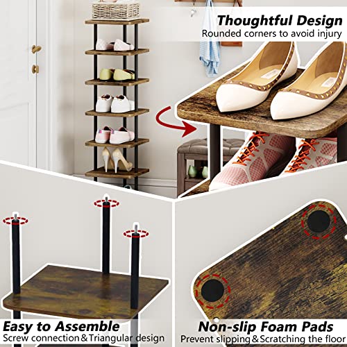 Shoe Rack Storage Vertical Narrow Shoe Organizer Shelf 7 Tier | Metal Slim Shelf,Modern Minimalist Free Standing Shoe Tower, Saving Space for Closet,Entryway,Bedroom,Black+Rustic Brown