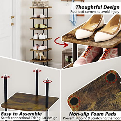 Shoe Rack Storage Vertical Narrow Shoe Organizer Shelf 7 Tier | Metal Slim Shelf,Modern Minimalist Free Standing Shoe Tower, Saving Space for Closet,Entryway,Bedroom,Black+Rustic Brown