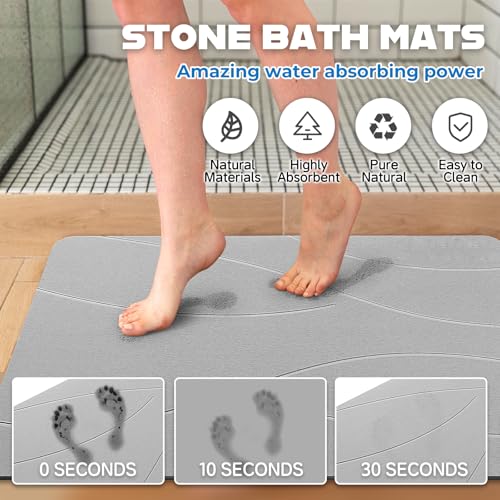 32"x20" Stone Bath Mat, Diatomaceous Earth Shower Mat, Non-Slip Super Absorbent Quick Drying Bathroom Floor Mat, Natural, Easy to Clean (Cloudy Gray)