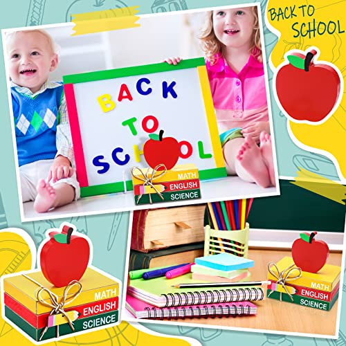 4 Pcs Back to School Table Decoration Wooden Apple Decorative Trays | Apple Prop with Pencil Stacks Books Centerpiece First Day of School Gifts Desktop for Teachers Office Classroom Decor