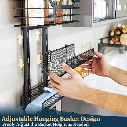 6-Tier Hair Tool Organizer - Hair Dryer Holder Over The Door/Wall Mounted DIY Adjustable Shelf Bathroom Door Organizer with Hook for Curling Iron/Blow Dryer/Straightener Black