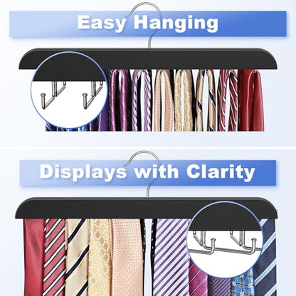 Upgraded Tie Rack Hanger with 20 Foldable Metal Hooks, Space Saving Necktie Organizer for Men – Large Capacity Tie and Belt Wooden Hanger for Closet - Black 2 Pack