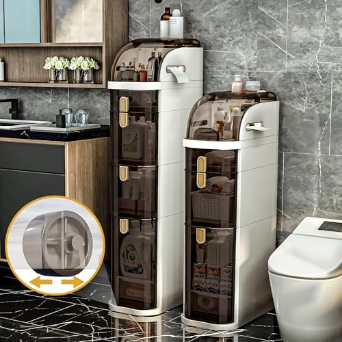 4-Tiers Slim Bathroom Storage Cabinet with Drawers... (White | Plastic)