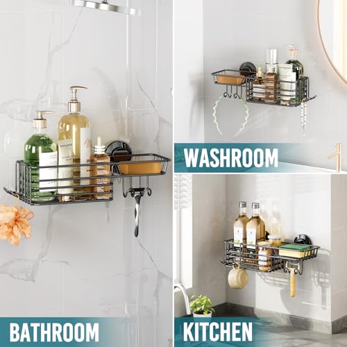 TAILI Shower Caddy Suction Cup with Hooks and Soap holder, Black | Heavy Duty Shower Organizer, No Drilling Bathroom Holder, Metal Storage Basket