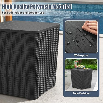 Tangkula 11.5 Gallon Water-proof Deck Box, Outdoor Patio Storage Box w/Removable Lid &, Faux Rattan Storage Container Side Table, All Weather Patio Furniture Extra Seat for Poolside (Black)