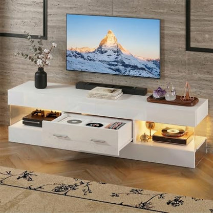 Bestier 60 Inch White Modern TV Stand, LED Entertainment Center Console | Fits up to 65 in TV, High Gloss White with Stone Pattern, Large Storage Drawer & Open Shelves, LED Lights for Living Room