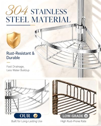 Rustproof Shower Corner Caddy Organizer for Bathroom, 4 Adjustable Shelves with Tension Pole, for Bathtub Shampoo Accessories Storage Holder, 34 to 116 Inch Height, Silver