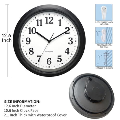 Caysie 12 Inch Sealed Indoor Outdoor Waterproof Wall Clock, Durable Silent Non-Ticking Battery Operated Quality Quartz Round Clock, Wall Decorative for Patio, Pool, Bathroom (Black)