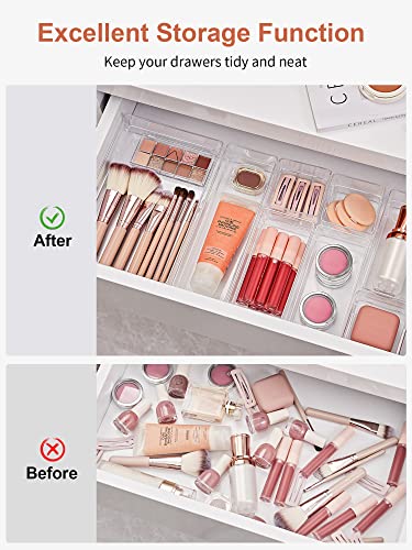 SMARTAKE 22 PCS Drawer Organizer, 4-Size Desk Bathroom Drawer Organizer | 4-Size Storage Tray with Non-Slip Silicone Pads for Makeup, Jewelries, Utensils in Bedroom Dresser, Office and Kitchen, Clear