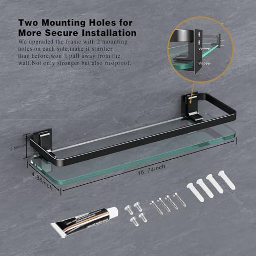 Bathroom Wall Shelf 15.7in Bathroom Glass Shelves Wall Mount Glass Shelf Rustproof Bathroom Wall Organizer 3 Tier (Black)