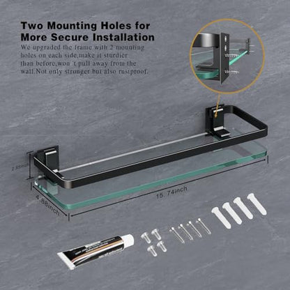 Bathroom Wall Shelf 15.7in Bathroom Glass Shelves Wall Mount Glass Shelf Rustproof Bathroom Wall Organizer 3 Tier (Black)
